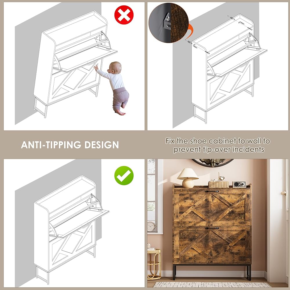 Nicetree Shoe Cabinet with 2 Flip Drawers, Freestanding Shoe Organizer with Metal Legs, Narrow Shoe Rack Cabinet, Farmhouse Slim Shoe Storage Cabinet for Entryway, Foyer, Hallway, Rustic Brown : Home & Kitchen