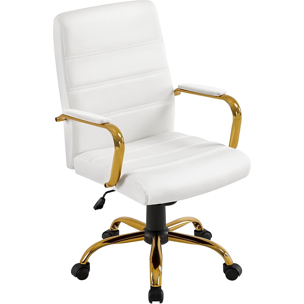 Yaheetech Mid-Back Office Chair PU Leather Desk Chair Adjustable Executive Task Chair w/Lumber Support Gold Leg White Seat : Office Products