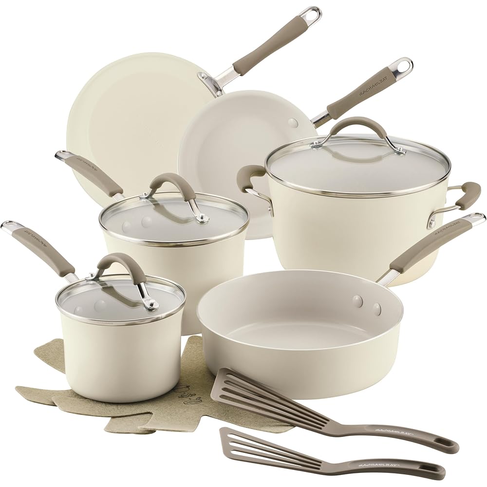 Rachael Ray Cucina Ceramic Cookware Set - 13 Pieces - Ceramic Pots and Pans Set w/Nonstick Frying Pans, Saute Pan, Saucepans, Stockpot, Lids, Pan Protectors & Cooking Utensils - Almond: Home & Kitchen