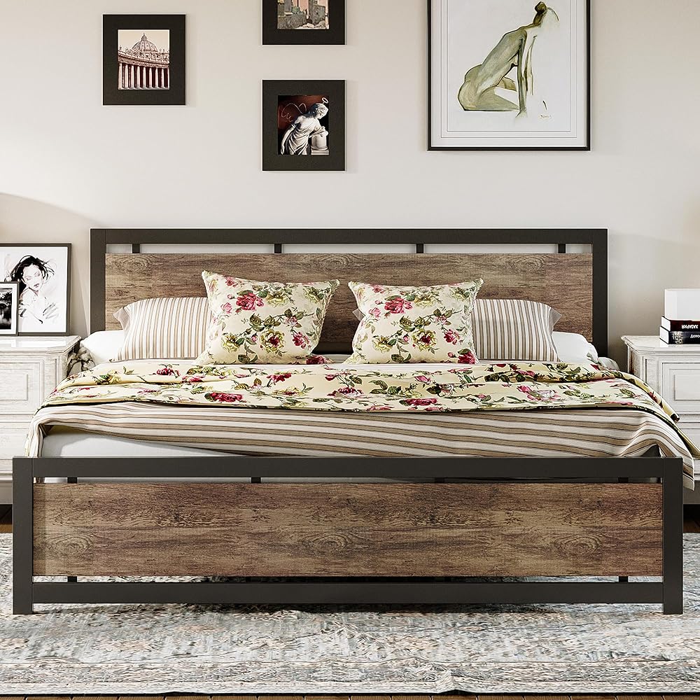 LIKIMIO King Bed Frame with Headboard and Footboard, Metal Strong Supports, Easy Assembly, Noise-Free, No Box Spring Needed, Walnut : Home & Kitchen