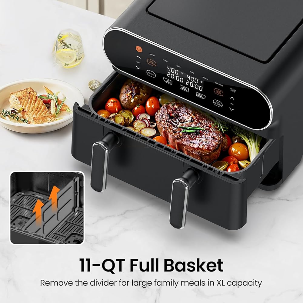TOPZEE 11-QT Large Air Fryer - 8 in 1 XL Airfryer with Flex Basket, Divider for Dual Cooking, Preheat, Air Fry, Roast, Broil, Bake, Reheat, Dehydrate, French Fries, Dishwasher Safe, Black : Home & Kitchen