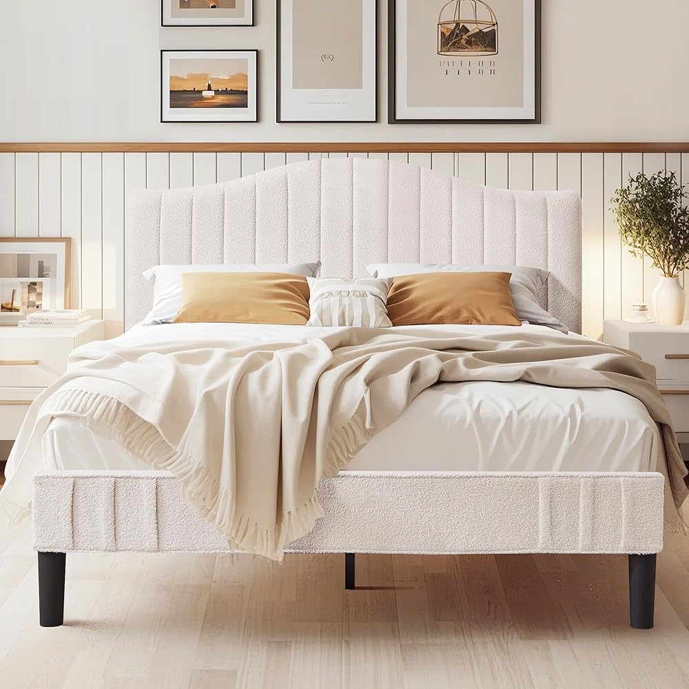 VECELO Queen Size Bed Frame Upholstered Platform Beds with Height-Adjustable Teddy Fabric Headboard, Strong Wood Slats 7.9'' Under Bed Storage Space Noise-Free No Box Spring Needed, Cream : Home & Kitchen