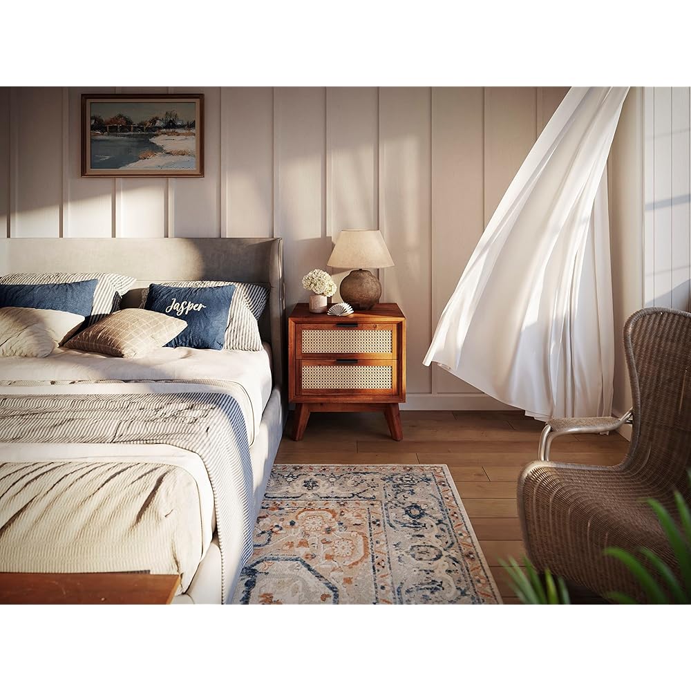 Bme Jasper Deluxe Solid Wood Rattan Nightstand Fully Assembled-Mid Century Modern Side Table with 2 Drawers-Multipurpose use for Living Room, Bedroom-Dark Chocolate : Home & Kitchen