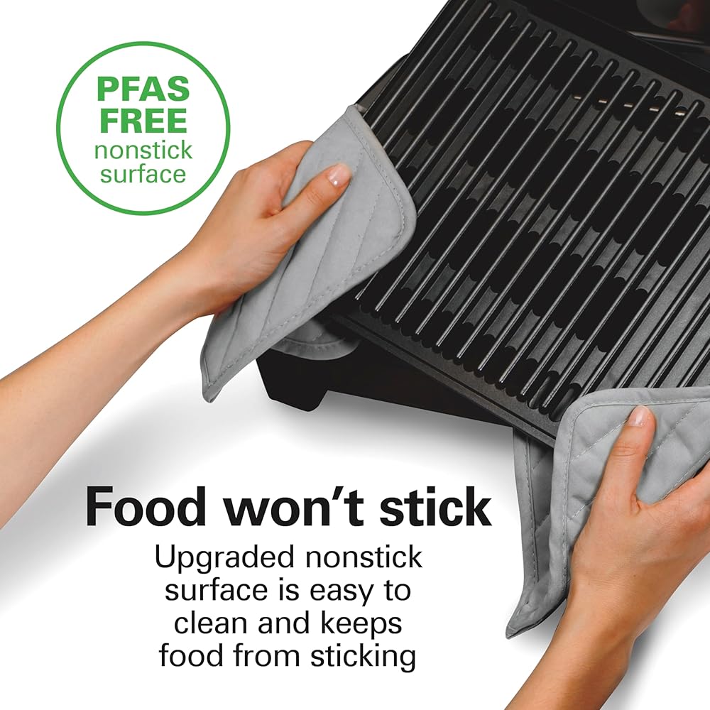 Hamilton Beach Electric Indoor Searing Grill with Viewing Window & Adjustable Temperature Control to 450F, 118 sq. in. Surface Serves 6, PFAS-Free Removable Nonstick Grate, Stainless Steel: Home & Kitchen