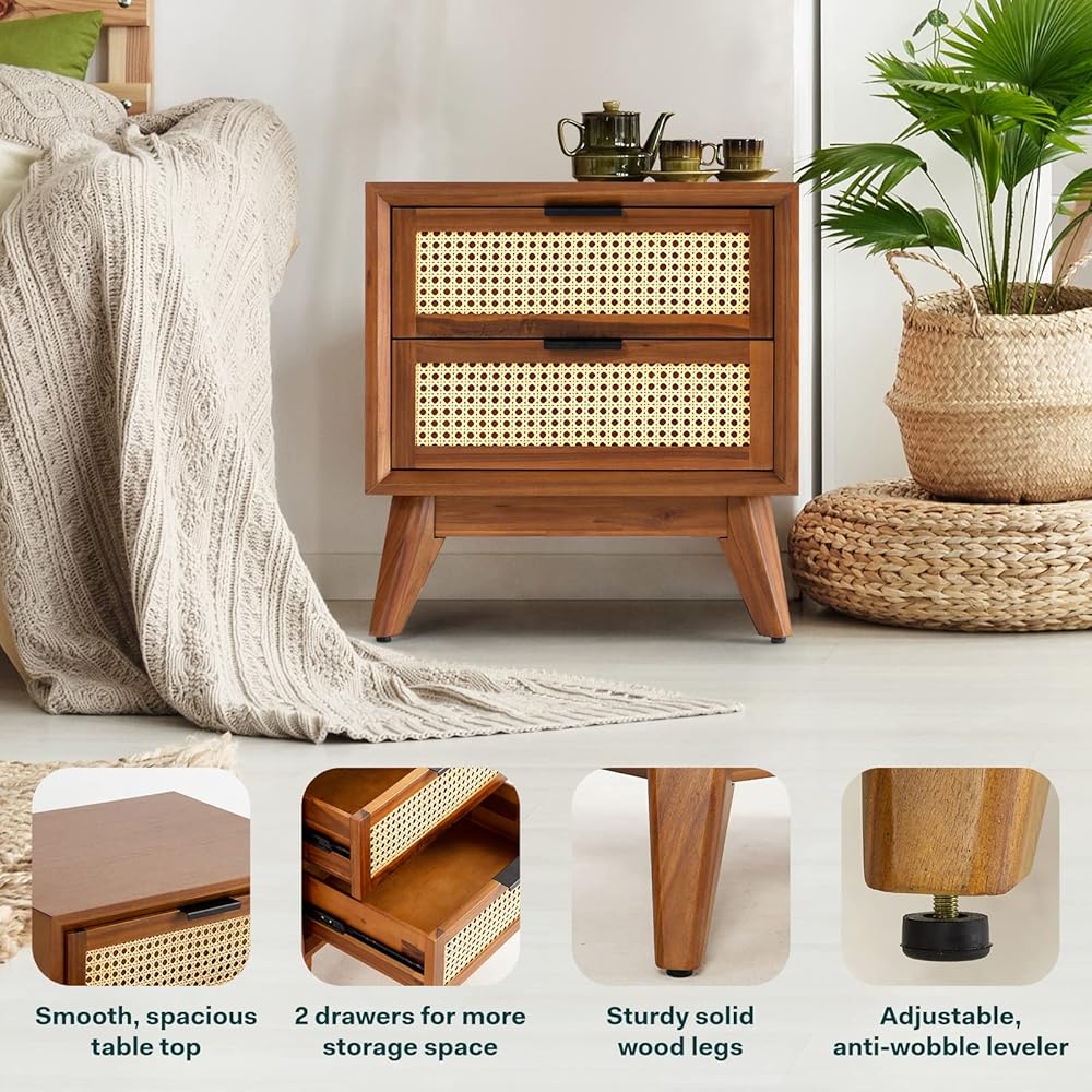 Bme Jasper Deluxe Solid Wood Rattan Nightstand Fully Assembled-Mid Century Modern Side Table with 2 Drawers-Multipurpose use for Living Room, Bedroom-Dark Chocolate : Home & Kitchen