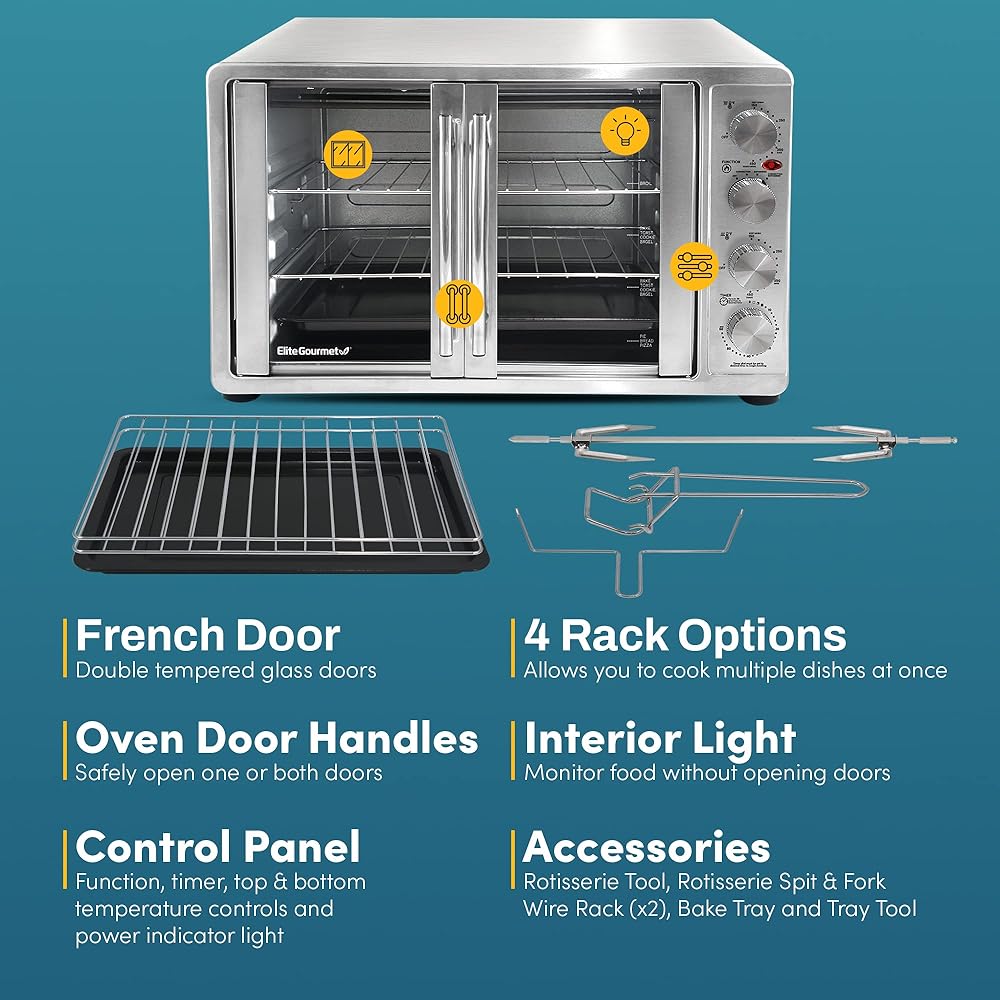 Elite Gourmet ETO-4510M French Door 47.5Qt, 18-Slice Convection Oven 4-Control Knobs, Bake Broil Toast Rotisserie Keep Warm, Includes 2 x 12