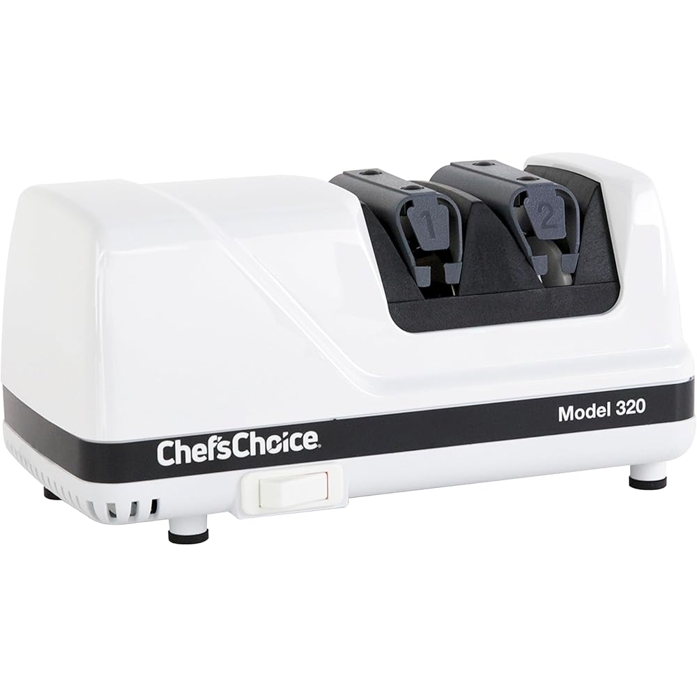 Chef’sChoice Professional Electric Knife Sharpeners FlexHone/Strop With 100-Percent Diamond Abrasives And Precision Angle Guides For 20-Degree Straight-Edge and Serrated Knives, 2-Stage, White