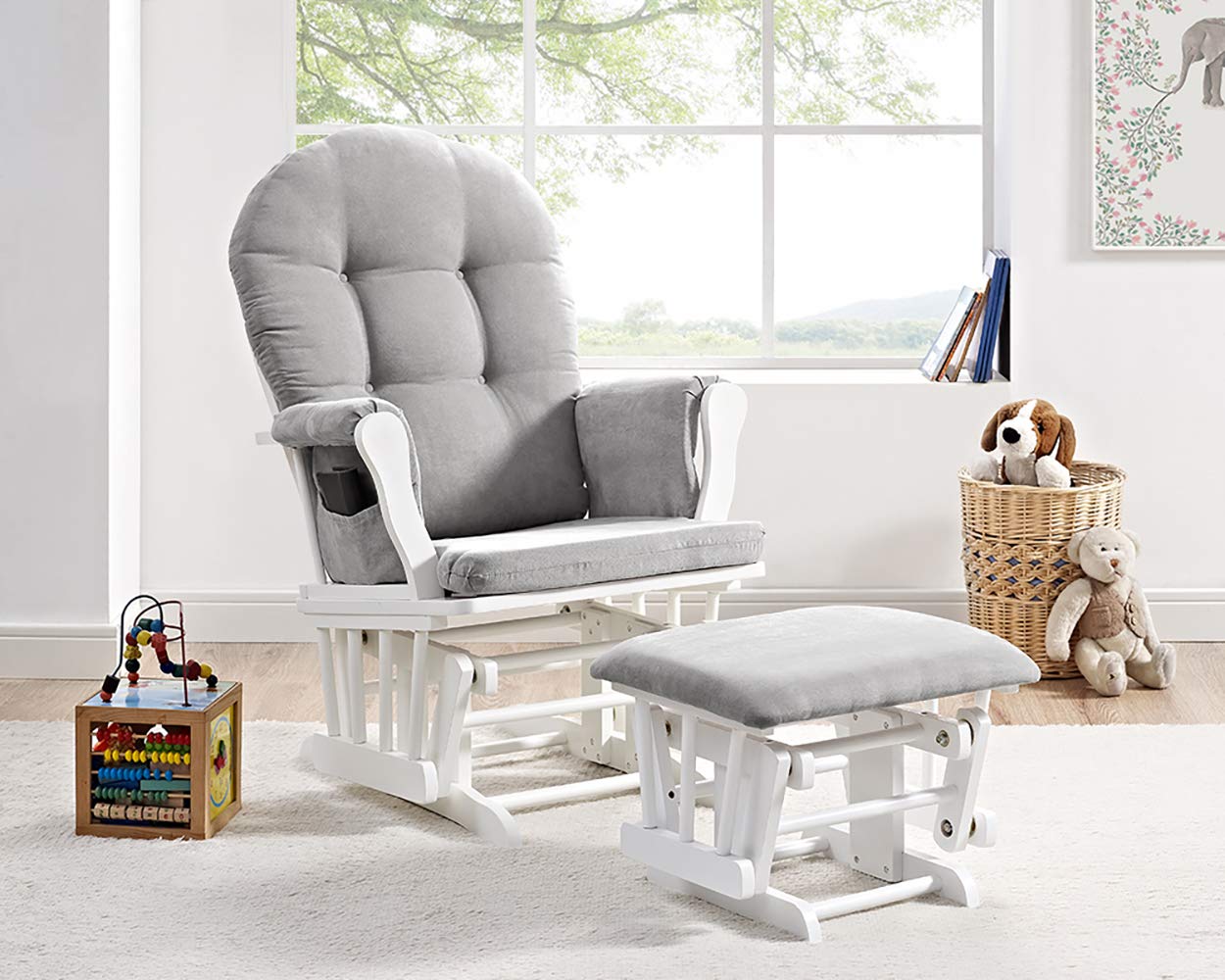 Windsor Glider and Ottoman, Polyester, Wood, Metal, White with Gray Cushion : Baby
