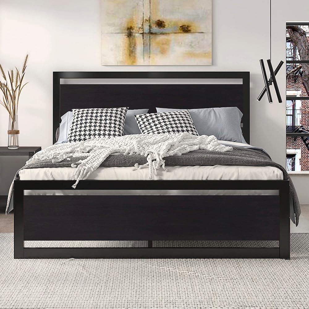 SHA CERLIN Full Size Bed Frame with Modern Headboard, Heavy Duty Platform Metal Base with Square Footboard and 13 Strong Slats Support, No Box Spring Needed, Black : Home & Kitchen