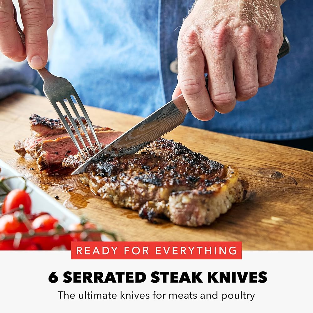 GreenPan x Bobby Flay 13 Piece Stainless Steel Cutlery Kitchen Knife Block Set, Premium Stainless Steel Blades, Acacia Wood Knife Block, Hand Finished Ergonomic Wood Handle, Damascus Steel Design: Home & Kitchen