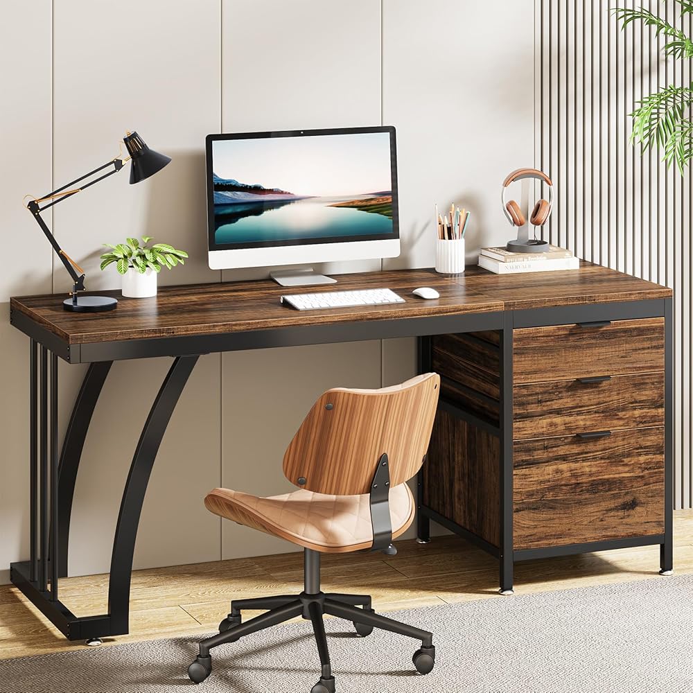Tribesigns Computer Desk with 3 Drawers, 59-Inch PC Desk with Reversible Drawers, Industrial Study Writing Table Workstation with File Storage for Home Office, Rustic Brown : Home & Kitchen
