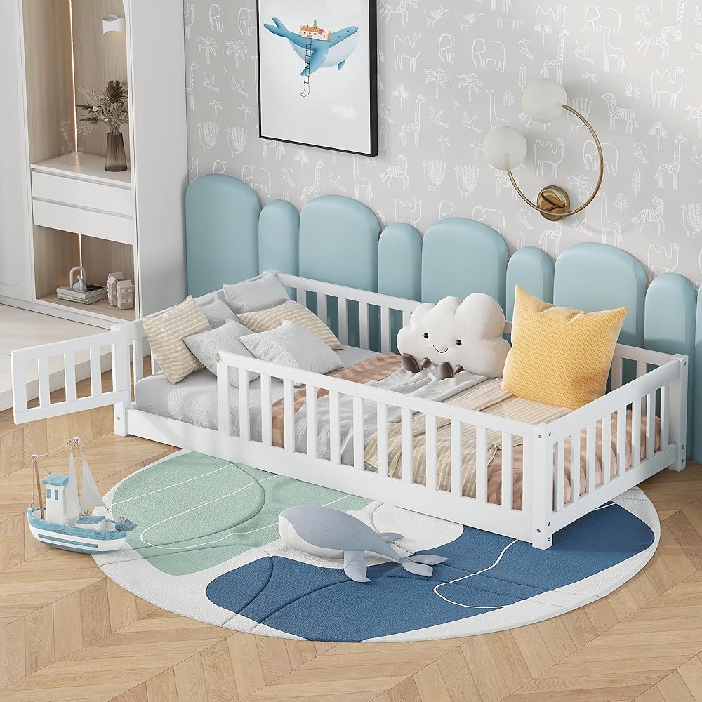 Twin Size Kids Floor Bed Frame with Door and Fence,Montessori Floor Bed with Slats and Safety Guardrails for Girls Boys,Solid Wood, White : Home & Kitchen