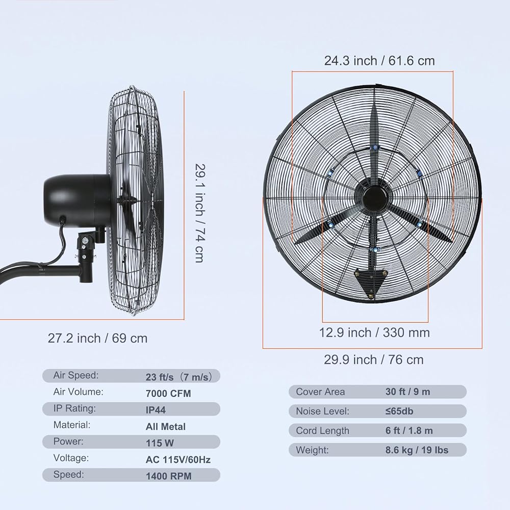 VEVOR 24 Inch 3-Speed 7000 CFM Black Waterproof Wall Mount Oscillating Fan : Home & Kitchen