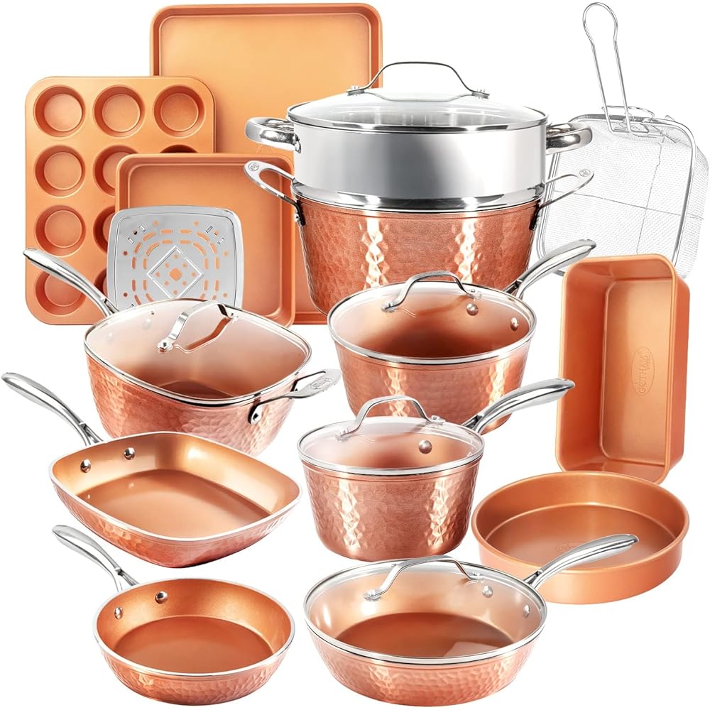 Gotham Steel Hammered 20 Pc Ceramic Cookware Set Nonstick, True Ceramic Pots and Pans Set Non Stick with Deep Square Pan Set & Bakeware Set, Non Toxic PFOA PFOS Free, Oven & Dishwasher Safe: Home & Kitchen