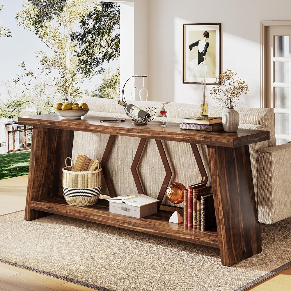 Tribesigns 70.86-Inch Farmhouse Console Table, Industrial Narrow Long Sofa Entryway Table with Storage, 2-Tier Wood Couch Foyer Accent Table for Living Room, Hallway, Entrance (Brown) : Home & Kitchen