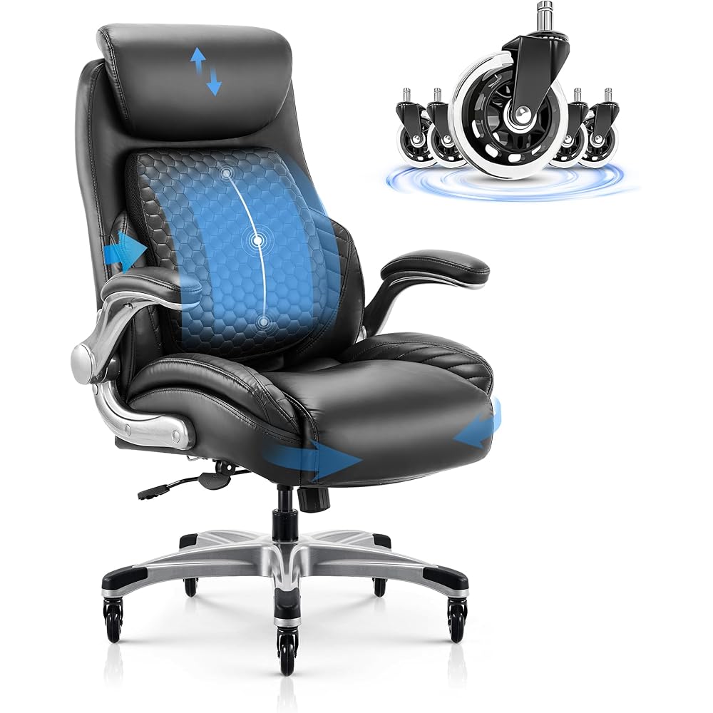COLAMY Office Ergonomic Desk High Back Executive Chair with Pop-Out Lumbar Support, Upgraded Casters, Adjustable Headrest, Flip-Up Arms, Leather Home with Thick Cushion for Comfort - Black : Home & Kitchen