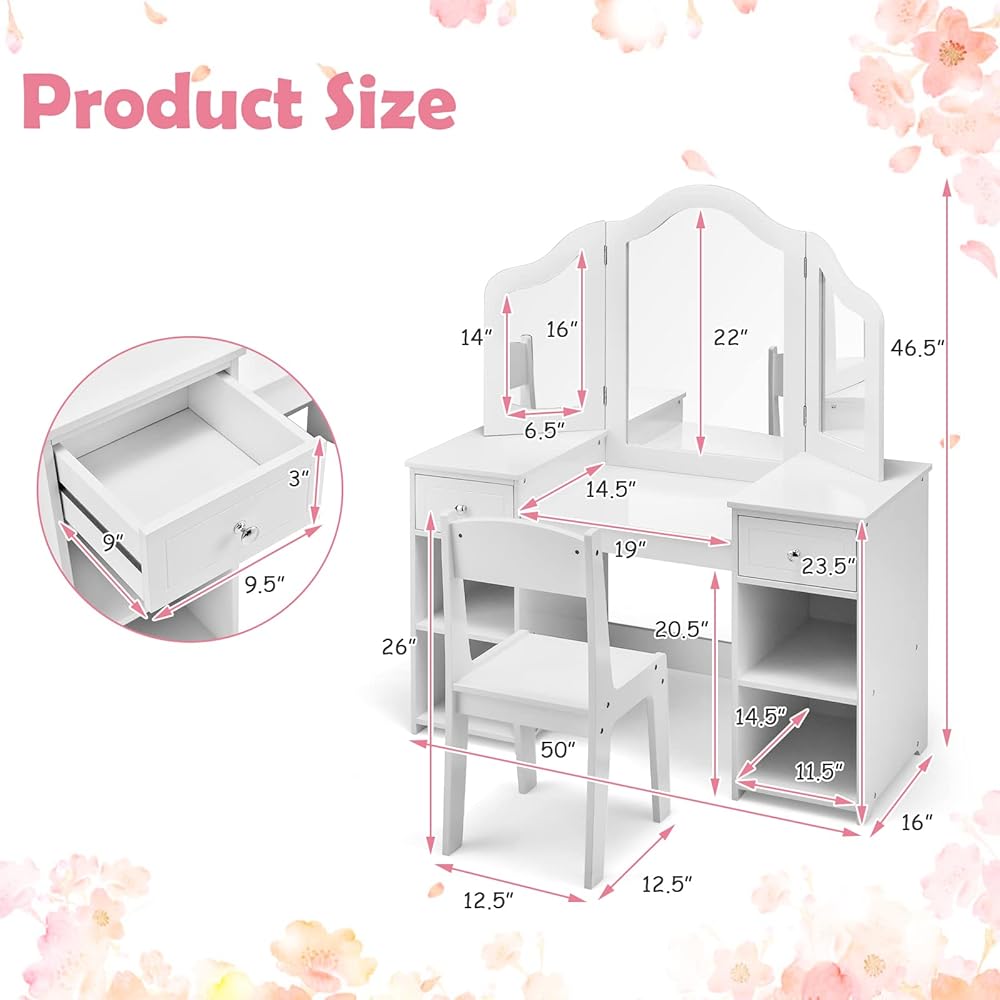 INFANS Kids Vanity, 2 in 1 Princess Makeup Desk and Chair Set with Drawers Tri-Folding Detachable Mirror Large Storage Shelves, Wooden Dressing Table, Pretend Play Vanity Set for Toddler Girls : Home & Kitchen