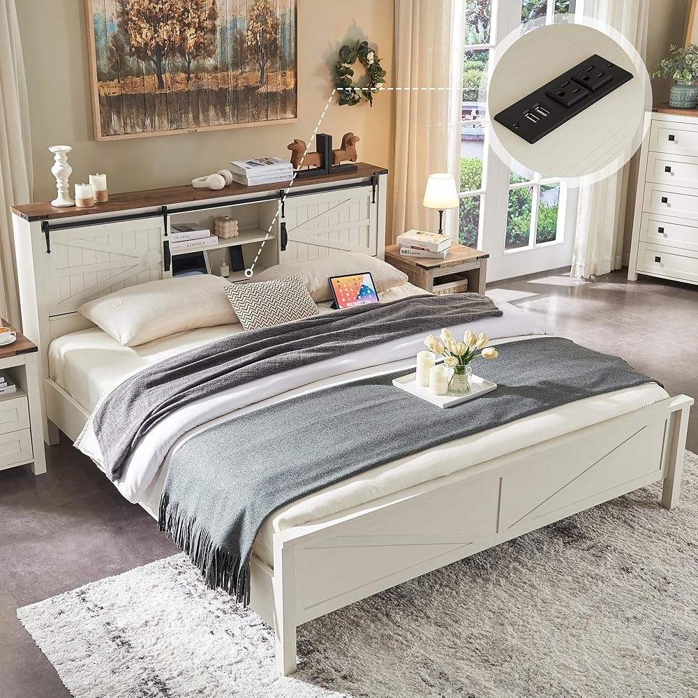 T4TREAM Farmhouse Queen Size Bed Frame w/Storage Bookcase Headboard, Sliding Barn Door, Charging Station, Rustic Wood Platform Bed w/Wood Slats Support, No Box Spring Needed, Antique White : Home & Kitchen