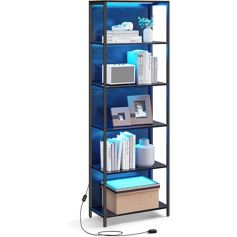 VASAGLE 6-Tier LED Bookshelf, Display Shelf with Dimmable Lights, LED Bookcase with Steel Frame, 11.9 x 23.6 x 70.3 Inches, for Living Room, Bedroom, Office, Black with Wood Grain ULLS120B56 : Home & Kitchen