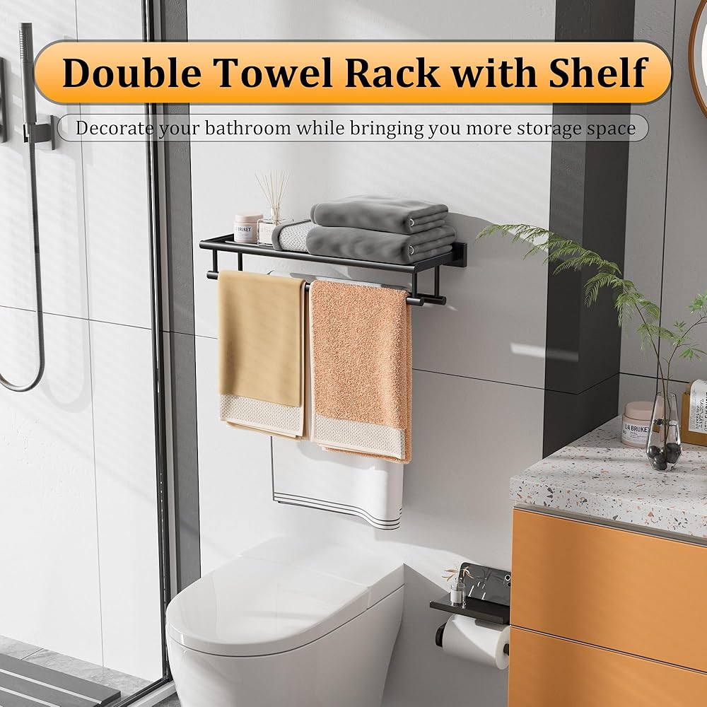 Alise Double Towel Rack for Bathroom,24 Inch Bathroom Tower Holder Towel Shelf with Double Towel Bars Wall Mount,SUS304 Stainless Steel Double Tower Bar for Bathroom Wall,Towel Hanger Matte Black : Tools & Home Improvement