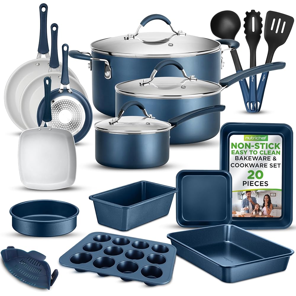 NutriChef Professional 20 Pc Kitchen Set in Navy Blue - Durable Non-Stick Pots and Pans with Bakeware, Compatible with Any Cooktop, Easy Clean