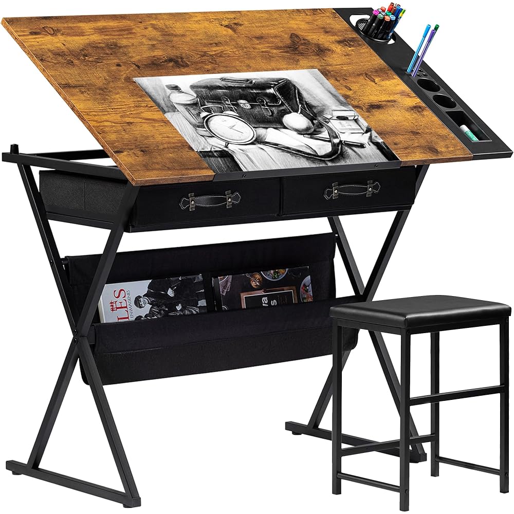 VECELO Drafting Table Art Desk Art Table Adjustable Drawing Table Tilted Tabletop with 2 Storage Drawers and Stool, Drawing Desk for Artist Painters Drawing, Crafting, Reading, Writing, Rustic Brown : Home & Kitchen