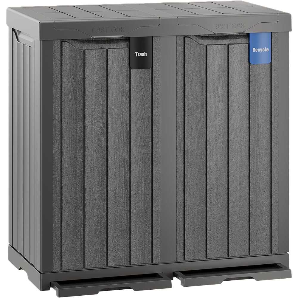EAST OAK 62 Gallon Outdoor Trash Can | Waterproof Resin Garbage Can with Recycle and Garbage Labels | Secure Bag Lip Lock and Drip Tray | Outside Trash Bin for Patio | Kitchen, Backyard or Deck | Gray : Home & Kitchen