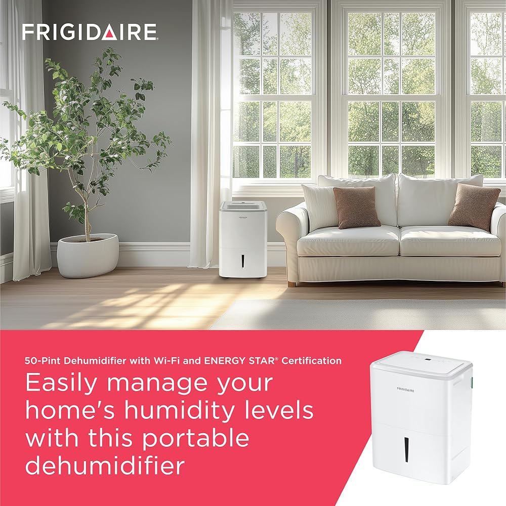 - Frigidaire 50-Pint Portable Dehumidifier with Wi-Fi and Energy Star Certification for Medium/Large Rooms & Basements, Custom Humidity Control, Auto Shut Off, White