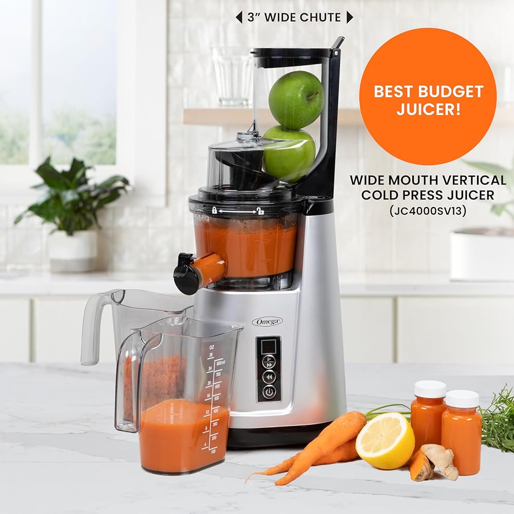 Omega Wide Mouth Juicer Compact Vertical Cold Press Vegetable and Fruit Juice Extractor with 3-Inch Hopper 2-Speed Slow Juicing with Space Saving Design, 120-Watts, Black: Home & Kitchen