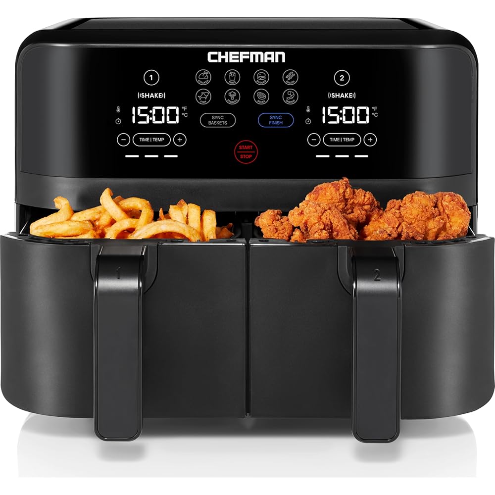 Chefman TurboFry Touch Dual Air Fryer, Maximize The Healthiest Meals With Double Basket Capacity, One-Touch Digital Controls And Shake Reminder For The Perfect Crispy And Low-Calorie Finish : Home & Kitchen