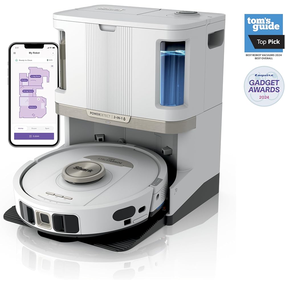 Shark Robot Vacuum & Mop Combo, PowerDetect NeverTouch Pro,Self-Emptying,Self-Refill with Self-Clean Pad Wash & Dry, 60-Day Debris Capacity,30-Day Refill Tank, 5PowerDetect Technologies,White,AV2800ZE