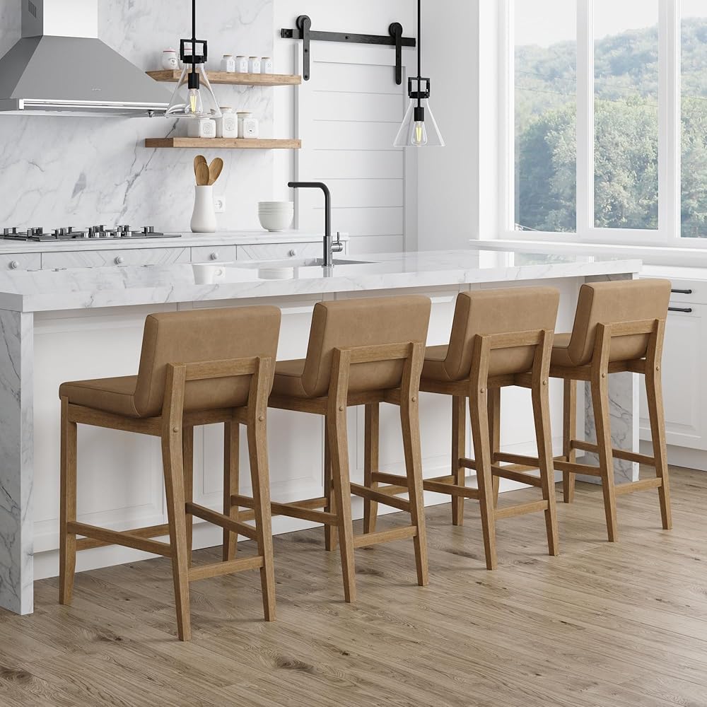 Nathan James Gracie Modern Counter Height Bar Stool with Back, Counter Stool Upholstered Chair with PU Leather and Brushed Wooden Legs, Light Brown, Set of 4 : Home & Kitchen