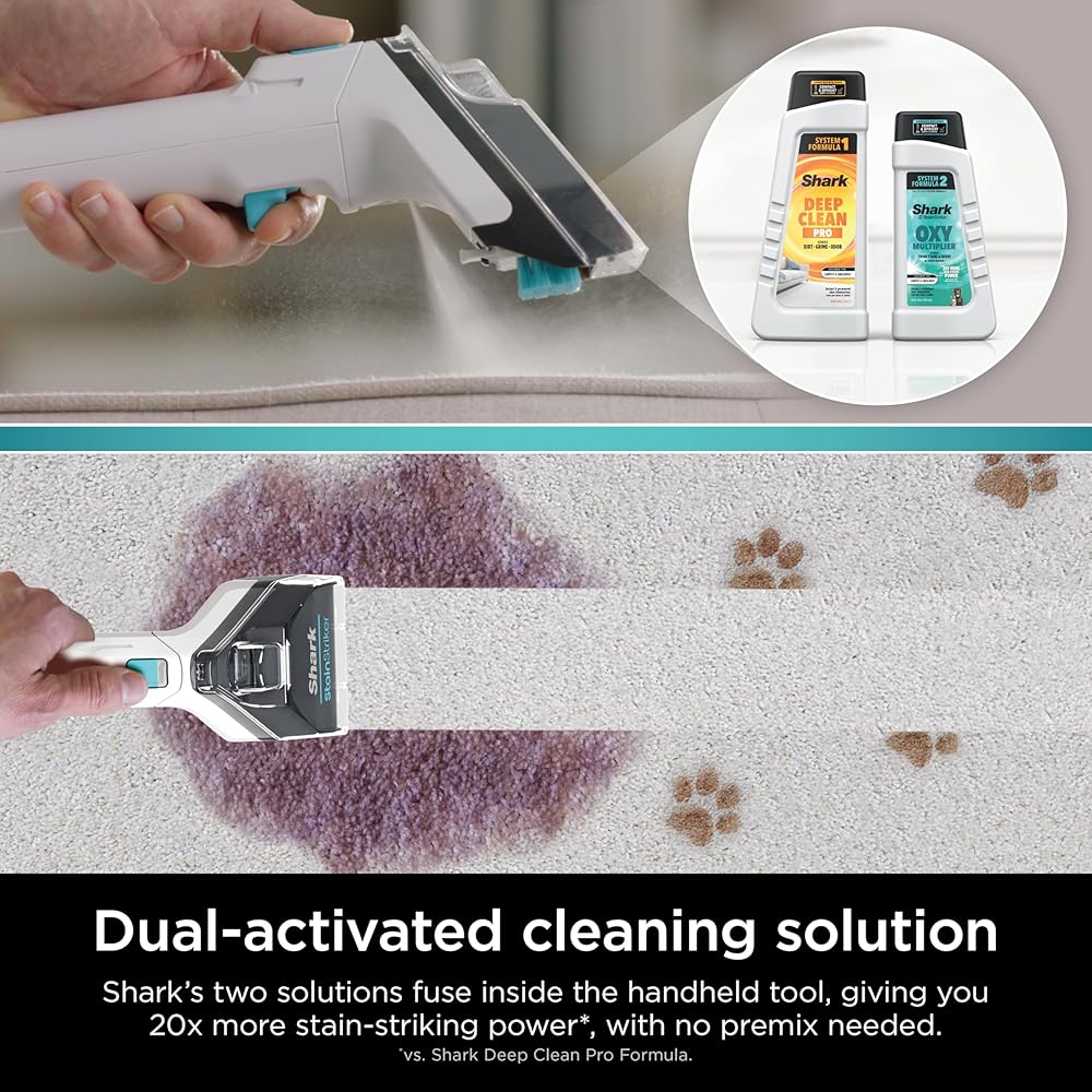 - Shark CarpetXpert with StainStriker Upright Carpet, Area Rug & Upholstery Cleaner with Pet Mess Extractor Tool, Perfect for Pets, Carpet Shampooer, 3 Cleaning Tools, Cleaning Solutions, White, EX201