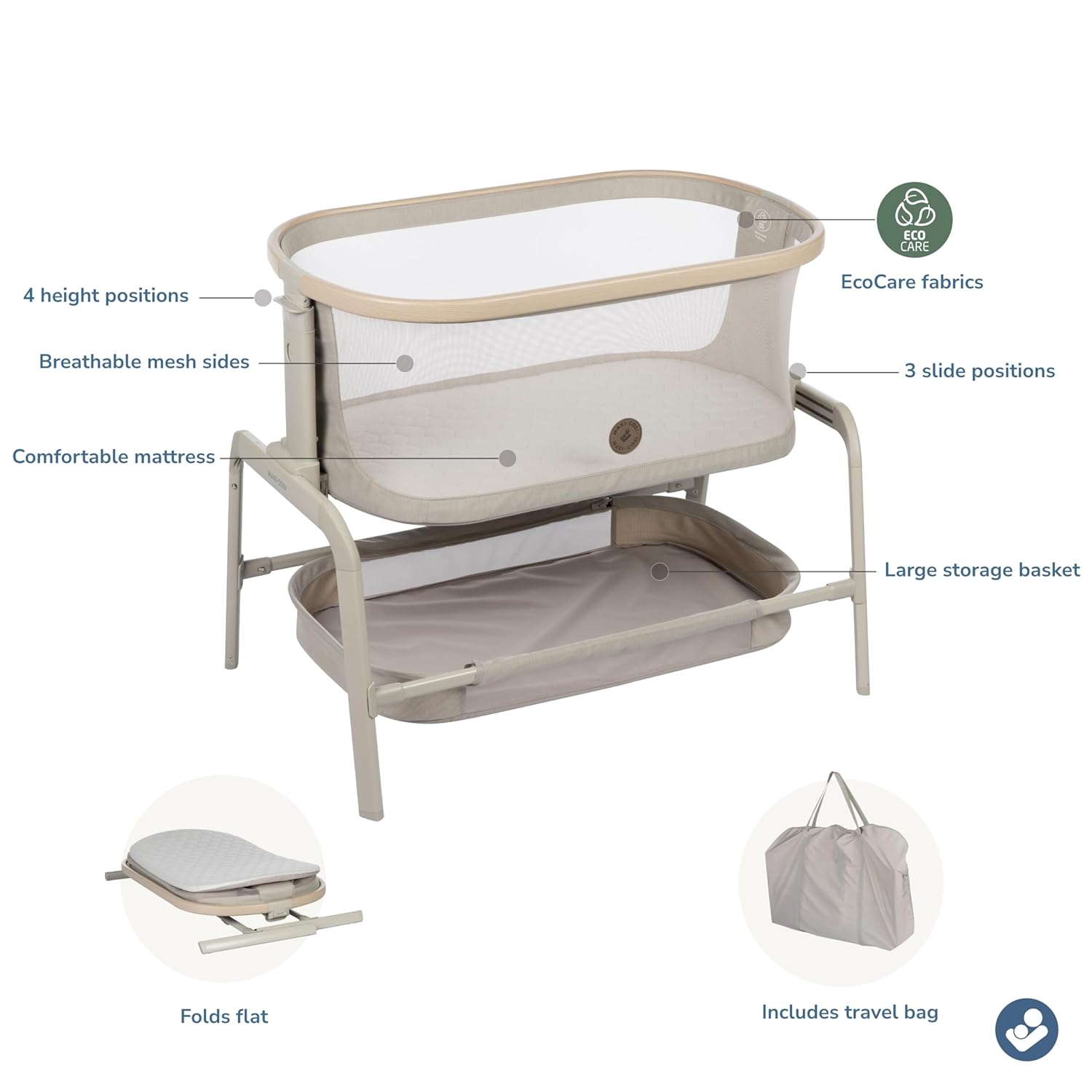 Maxi-Cosi Iora Baby Bassinets Bedside Sleeper, Portable Bassinet, Infant Bedside Sleeper Crib, Height Adjustable, Breathable Mesh, Large Storage Basket, Classic Oat : Baby