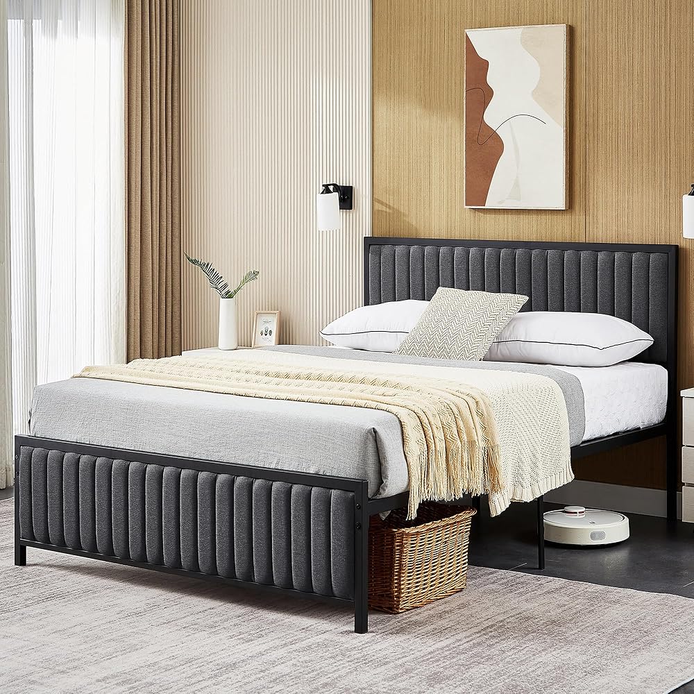 VECELO Full Size Bed Frame with Upholstered Headboard, Heavy Duty Steel Slats Platform, No Box Spring Needed, Dark Grey : Home & Kitchen