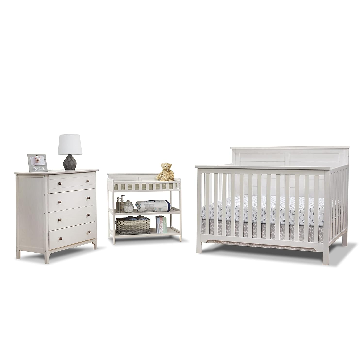 : Sorelle Furniture Farmhouse 3-Piece Nursery Set with 4-in-1 Convertible Crib, 4-Drawer Dresser, and Changing Table with Shelves, Baby Furniture Made of Wood, Non-Toxic Finish-Weathered White : Baby
