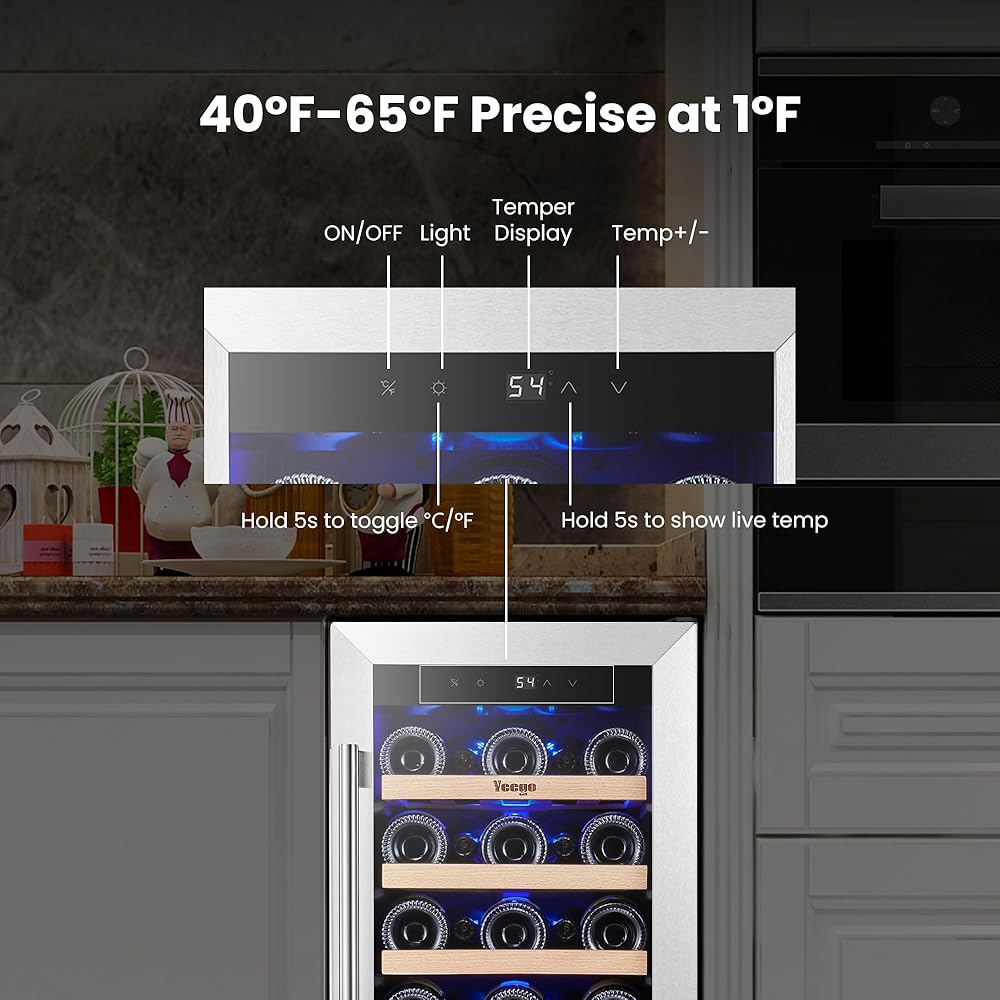 Yeego Wine Fridge - 15 inch 33 Bottles 40-65℉ Temperature Touch Control, Built-In/Under Counter/Freestanding Wine Cooler Refrigerator with Glass Door, Perfect for Bar, Home, Kitchen Cabinet, Office : Home & Kitchen