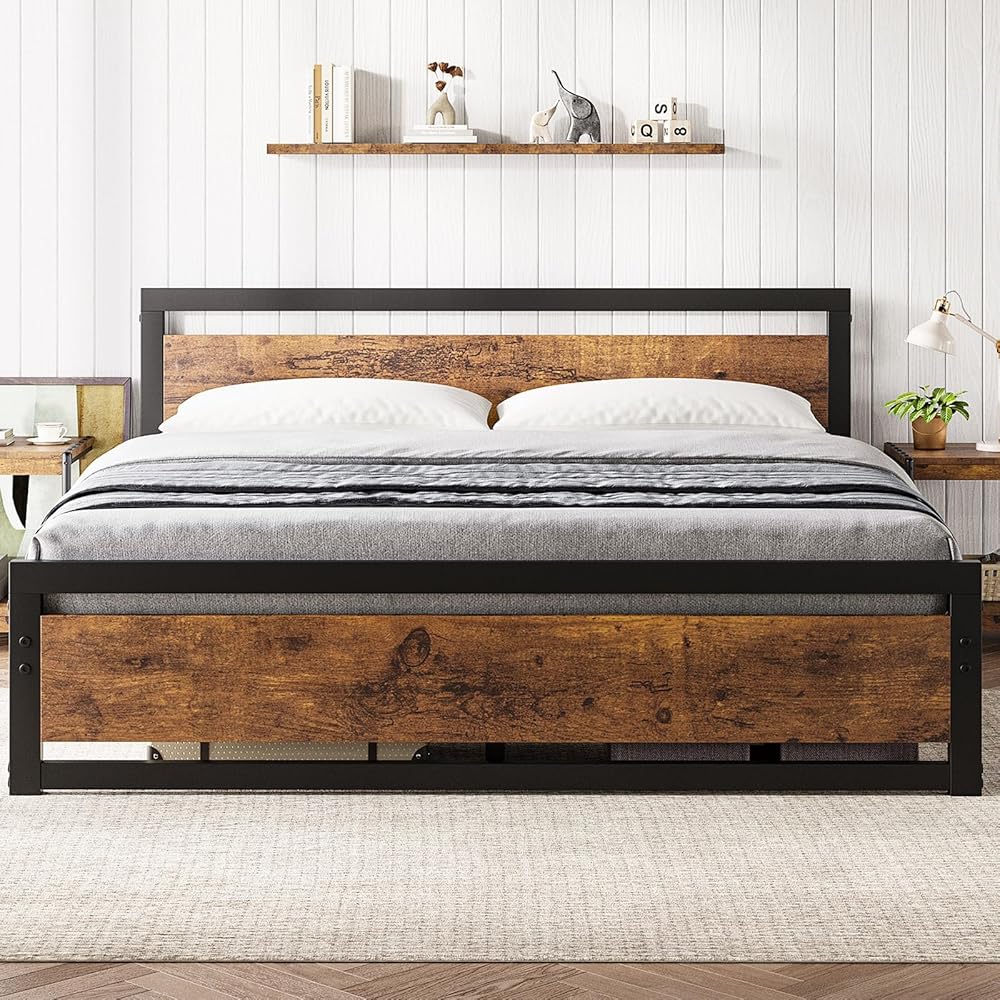 GarveeHome King Size Bed Frame, Industrial King Bed Platform with Headboard No Box Spring Needed, 14 Inch Easy Assemble King Mattress Bedframe, Retro Brown : Home & Kitchen