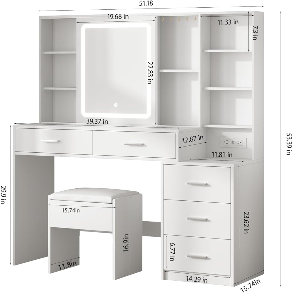 Fameill Vanity Desk with Mirror and Lights, Makeup Vanity with 5 Drawers, Makeup Desk with Charging Station and Ample Storage, Dressing Table with Chair for Bedroom Room (White) : Home & Kitchen