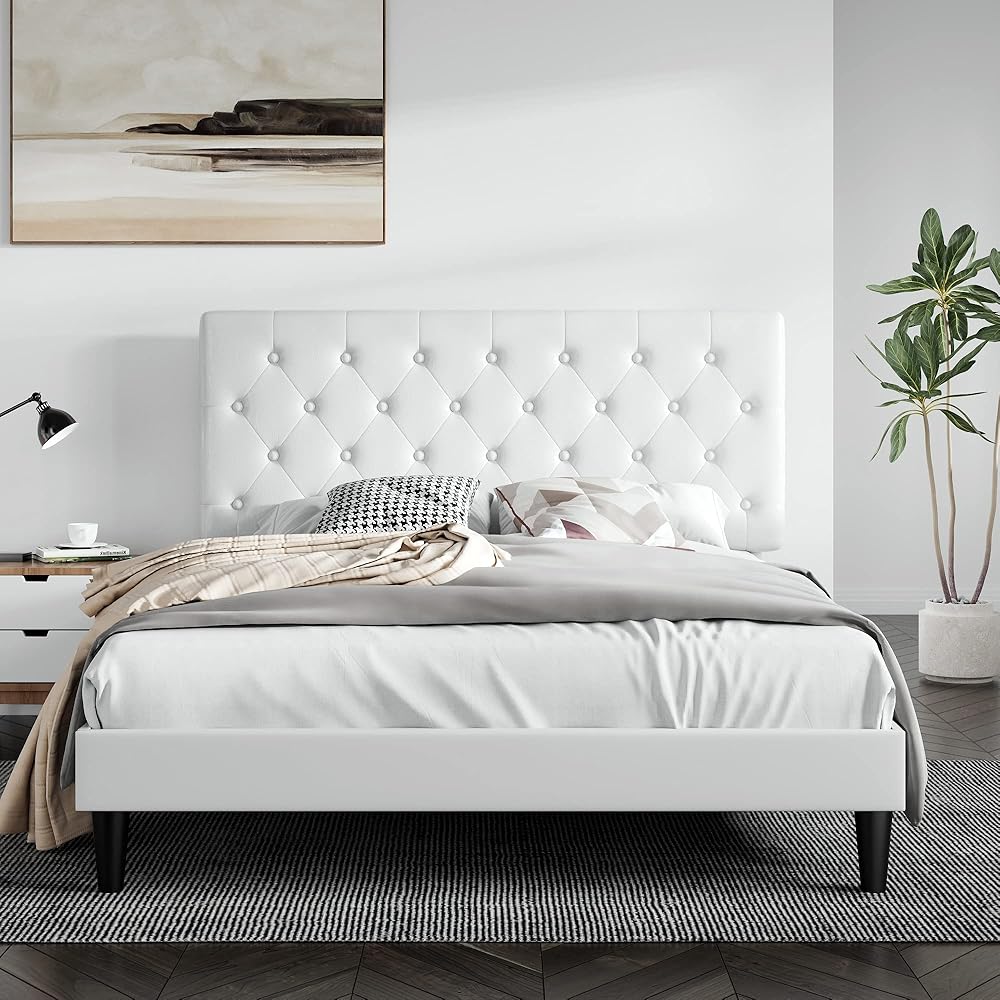 SHA CERLIN Full Size Bed Frame with Button Tufted Headboard, Faux Leather Upholstered Mattress Foundation, Platform Bed Frame, Wooden Slat Support, No Box Spring Needed, White : Home & Kitchen