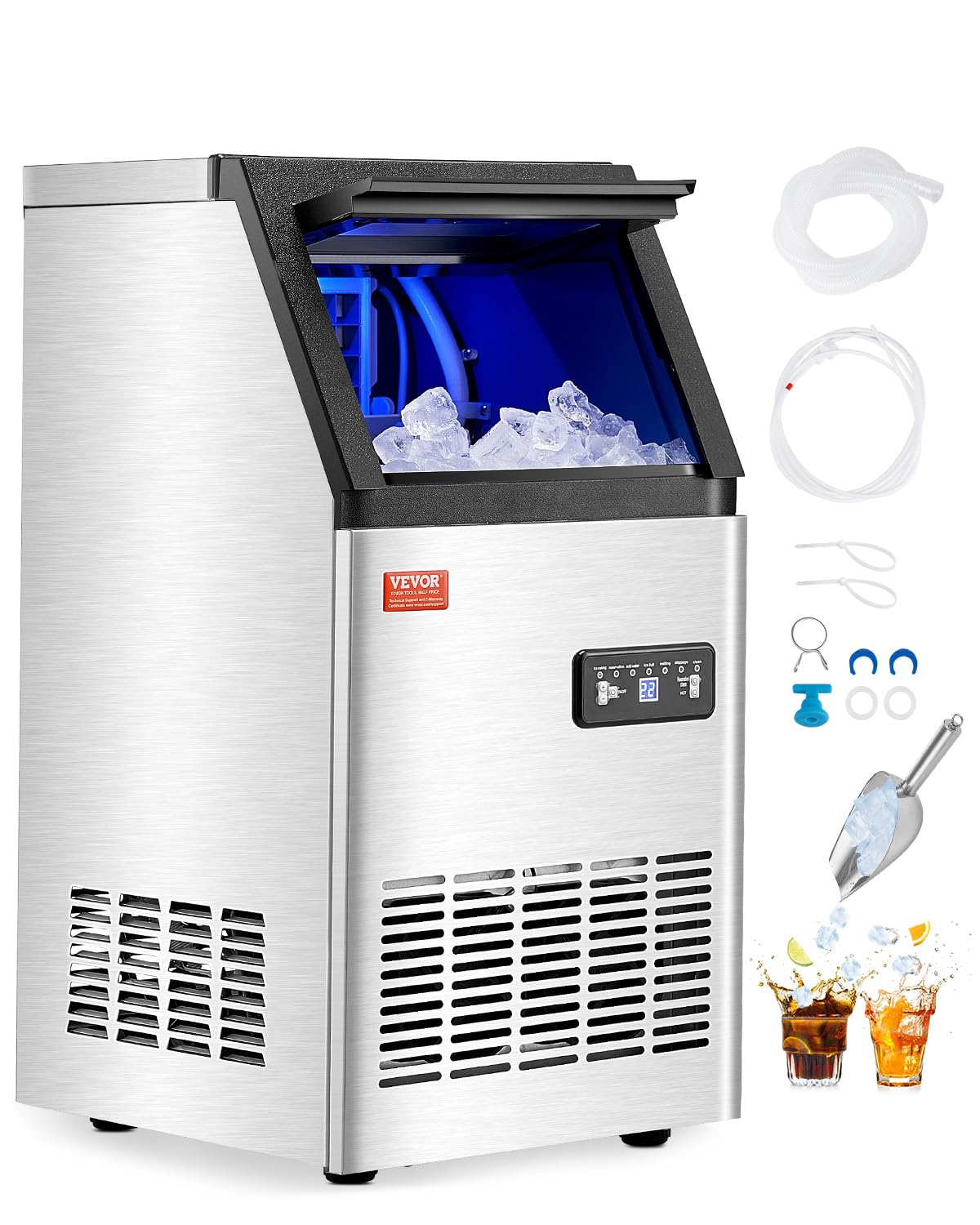 VEVOR Commercial Ice Maker Machine, 100lbs/24H Ice Maker Machine with 16lbs Storage Capacity, 36 Ice Cubes in 15 Minutes, LED Digital Display Freestanding Self-Cleaning for Bar Office Restaurant : Industrial & Scientific