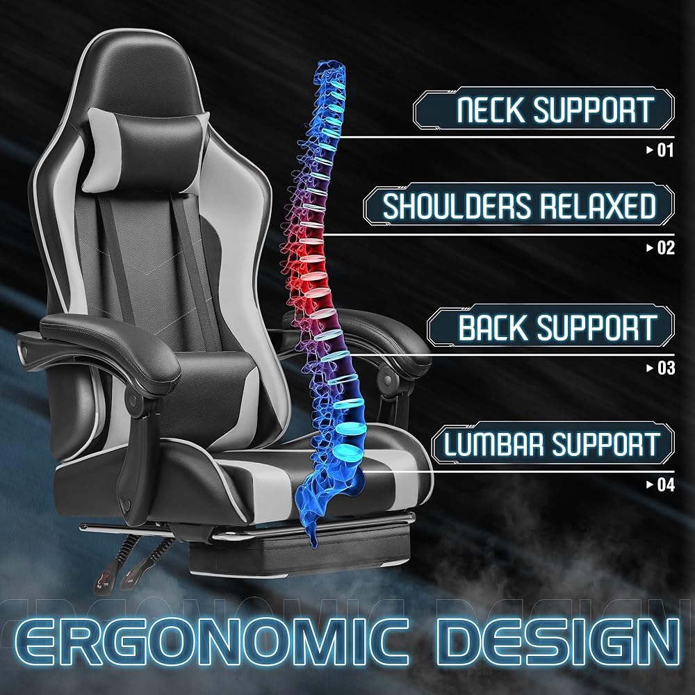 Homall Gaming Chair, Video Game Chair with Footrest and Massage Lumbar Support, Ergonomic Computer Chair Height Adjustable with Swivel Seat and Headrest (White) : Home & Kitchen