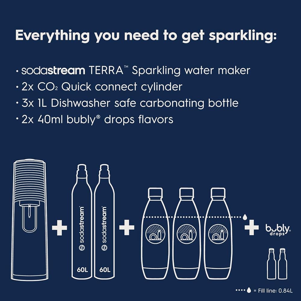 SodaStream Terra Sparkling Water Maker Bundle (Black), with CO2, DWS Bottles, and Bubly Drops Flavors: Home & Kitchen