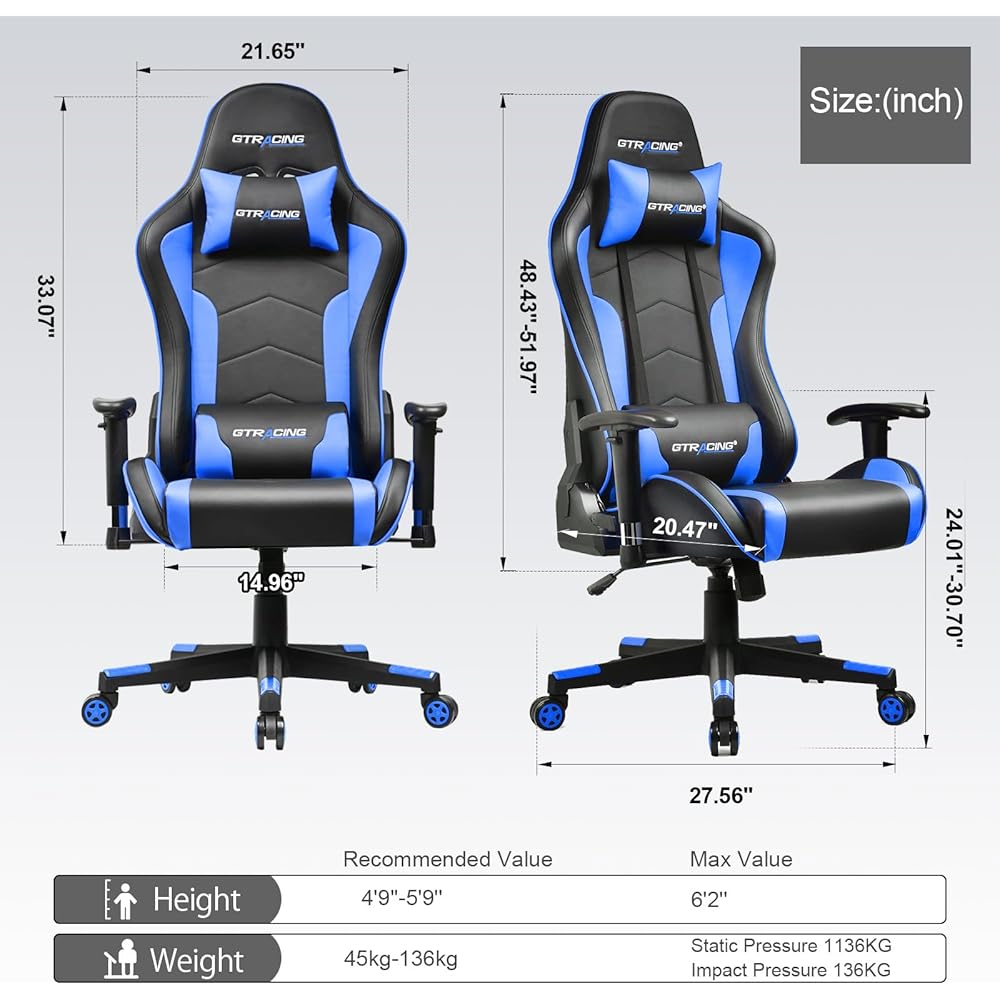 GTRACING Gaming Chair with Speakers Bluetooth Music Video Game Chair Audio Ergonomic Design Heavy Duty Office Computer Desk Chair(Blue) : Home & Kitchen