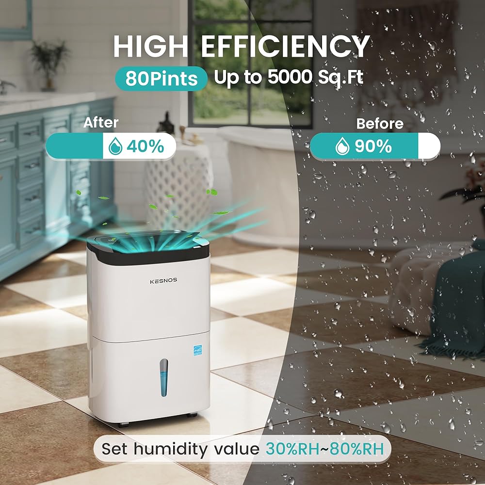 - Kesnos 80 Pints Energy Star Dehumidifier for Home & Basement with Drain Hose, Ideal for Large Spaces up to 5,000 Sq. Ft., Featuring Auto Defrost & Self-Drying Function