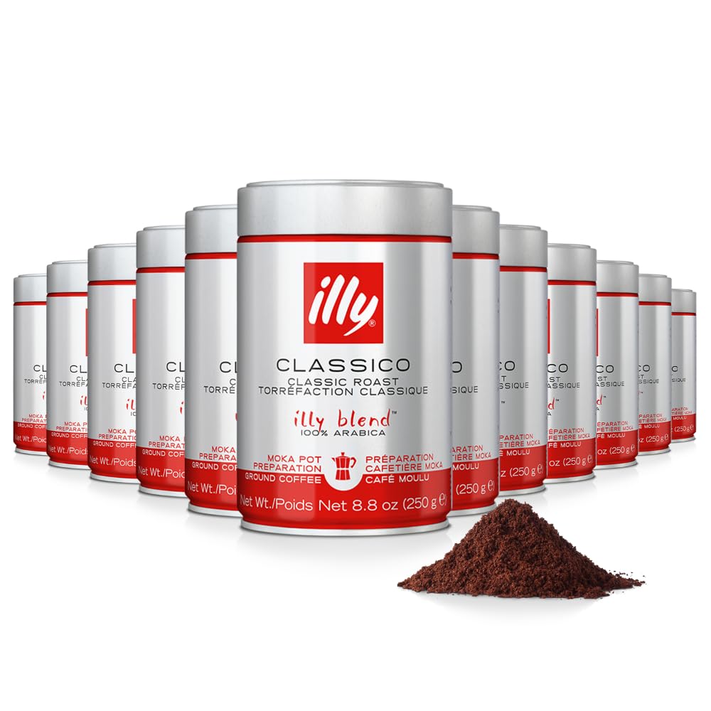 : illy Ground Coffee Moka - 100% Arabica Beans - Rich Aromatic – Classico Medium Roast - Notes of Caramel, Orange Blossom & Jasmine - No Preservatives – 8.8 Ounce, 12 Pack : Grocery & Gourmet Food
