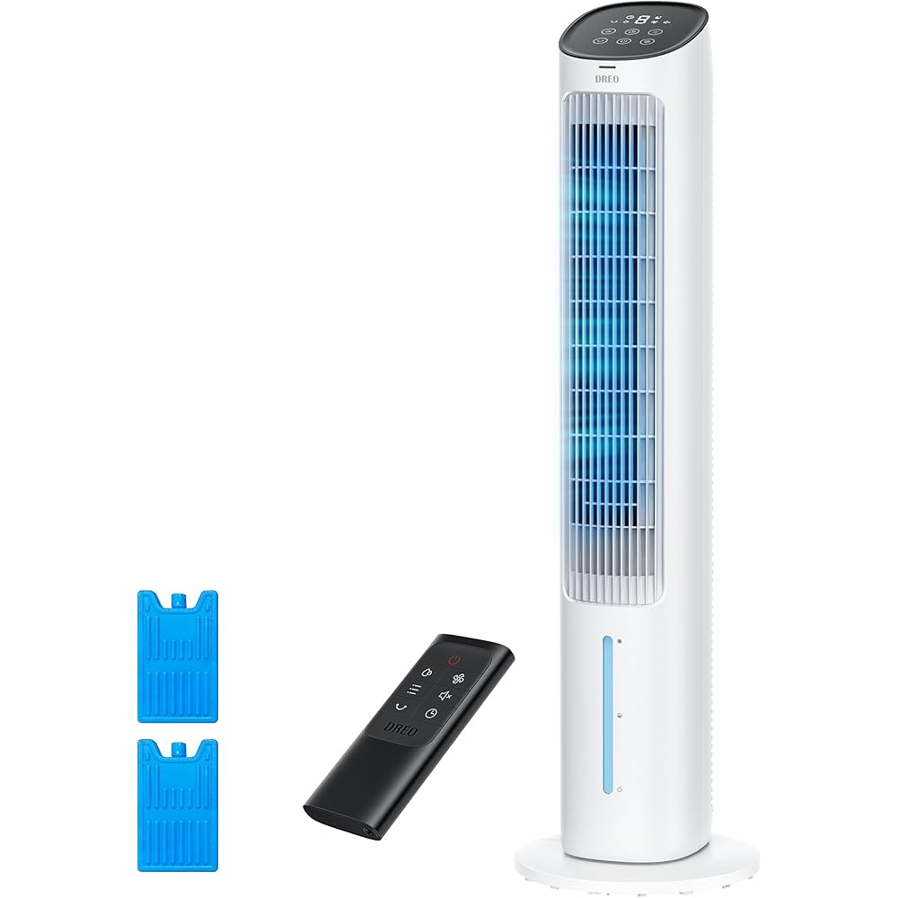 Dreo Evaporative Air Cooler, 40鈥?Standing Fans that Blow Cold Air, 80掳 Oscillating Bladeless Cooling Fan for Bedroom, Swamp Cooler, Removable Water Tank, Ice Pack, Remote, 3 Mode 4-Speed, White