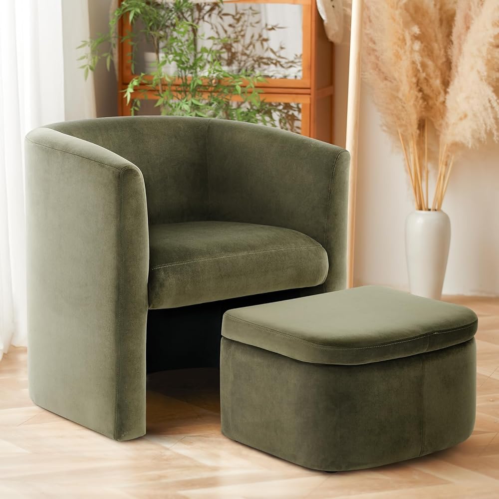 COLAMY Upholstered Velvet Barrel Accent Chair with Storage Ottoman, Morden Living Room Chair with Lounge Seat for Bedroom/Reading Spaces, Green : Home & Kitchen