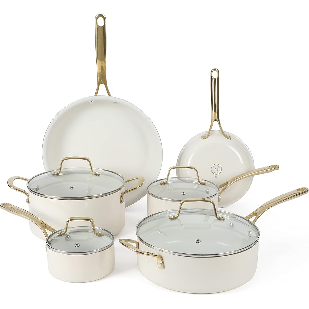 Martha Stewart Lockton Premium Nonstick PFA Free Ceramic Interior 10 Piece Heavy Gauge Enamel Aluminum Pots and Pans Cookware Set - Linen White w/Gold Handle