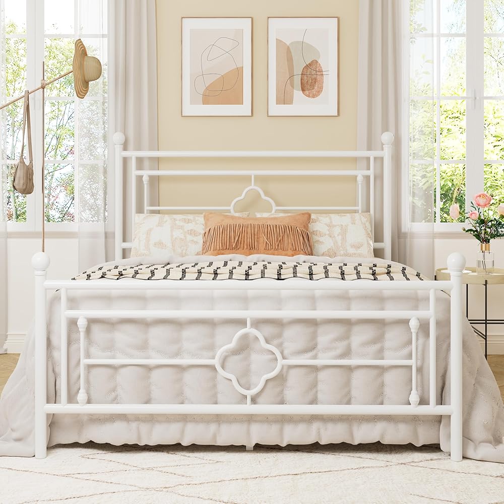 Allewie Queen Size Metal Platform Bed Frame with Victorian Vintage Headboard and Footboard/Mattress Foundation/Under Bed Storage/No Box Spring Needed/Noise-Free/Easy Assembly, White : Home & Kitchen